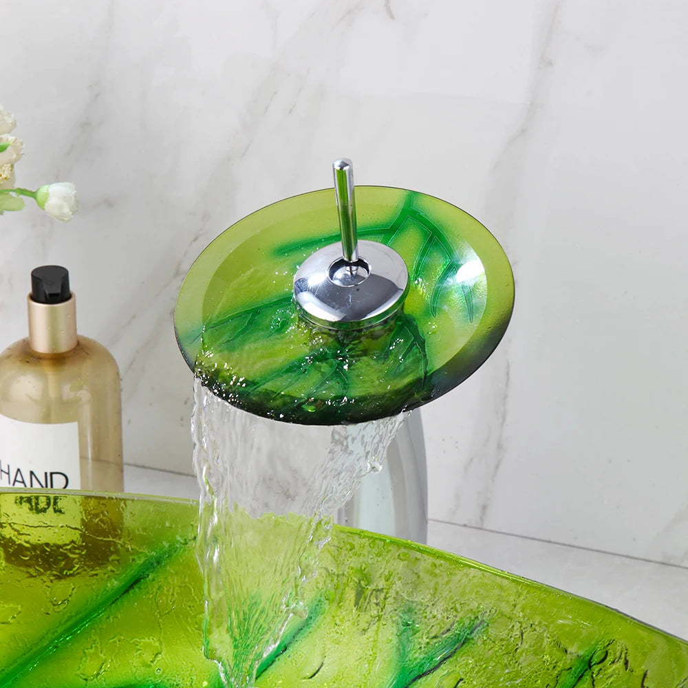 Yanksmart Leaf Shape Glass Vessel Basin Sink With Waterfall Faucet
