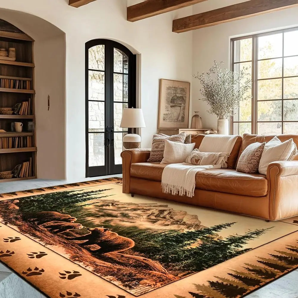 Farmhouse Wildlife Area Rug With Bear Moose Deer Wool