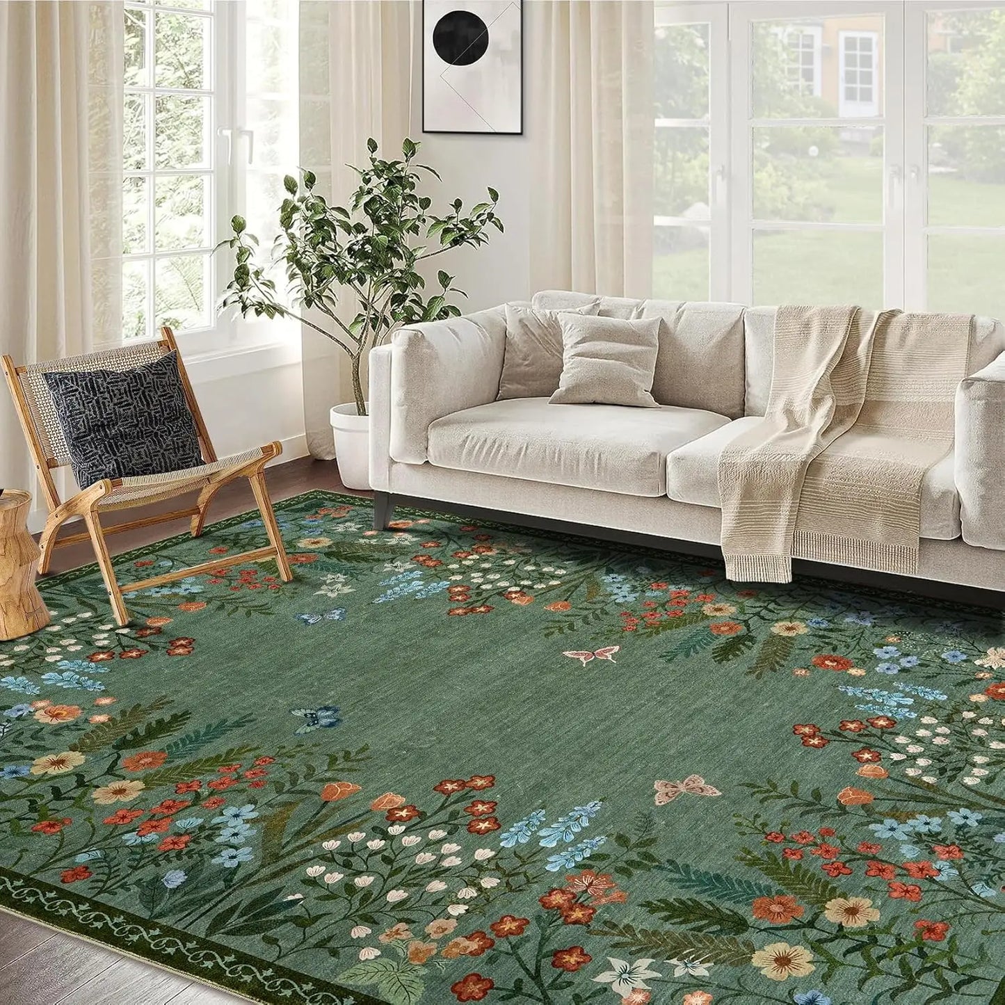 HiMISS Boho Floral Washable Entryway Rug Non Slip Carpet