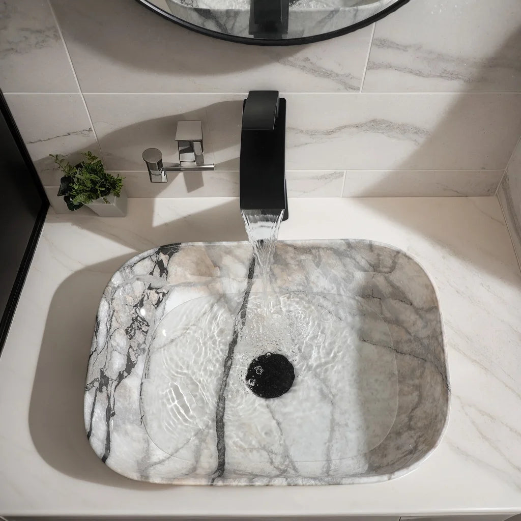 KEMAIDI Marble Pattern Ceramic Bathroom Vessel Sink Set, Multiple Shape Basin with Black Faucet Above-Counter Vanity Sink Kit