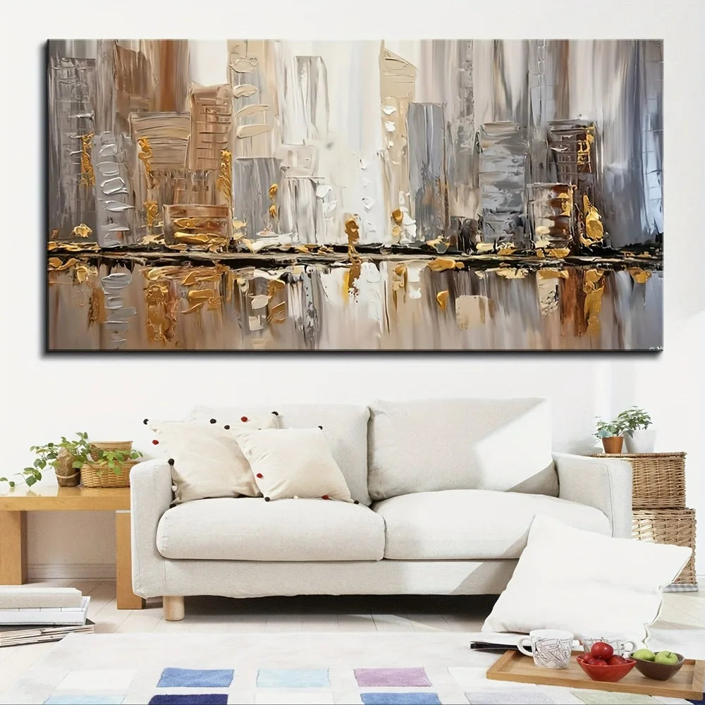 None Art Deco Oil Painting Abstract Pine Frame Gold Accents