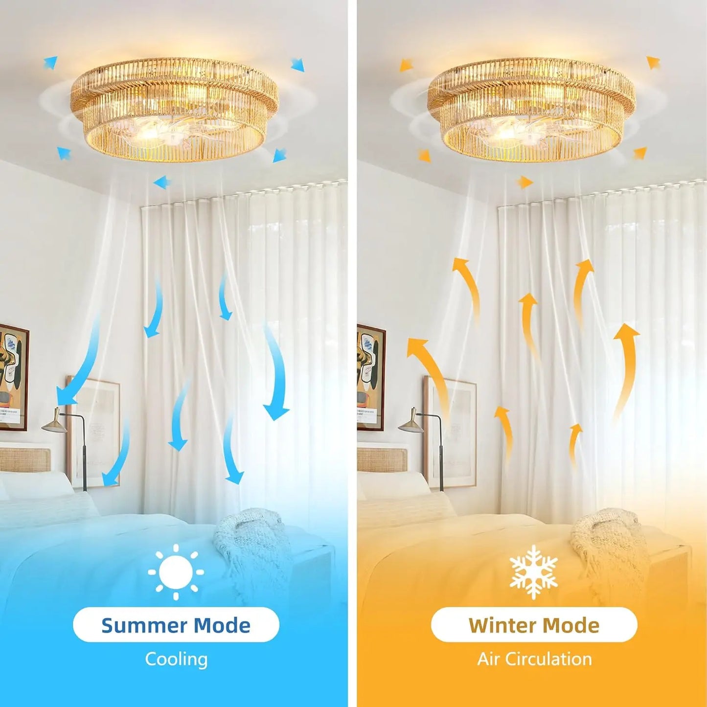 Rattan Boho Ceiling Fan with Light Flush Mount with Remote