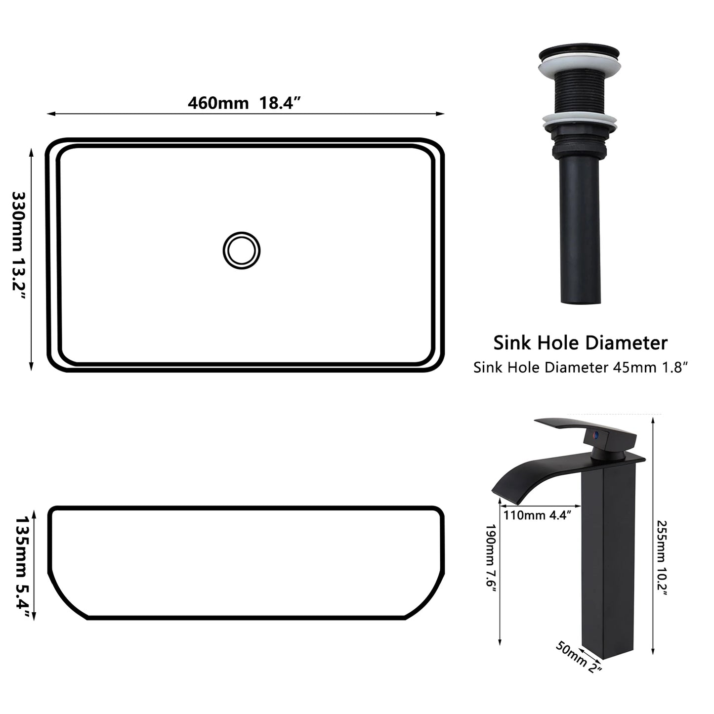 KEMAIDI Marble Pattern Ceramic Bathroom Vessel Sink Set, Multiple Shape Basin with Black Faucet Above-Counter Vanity Sink Kit