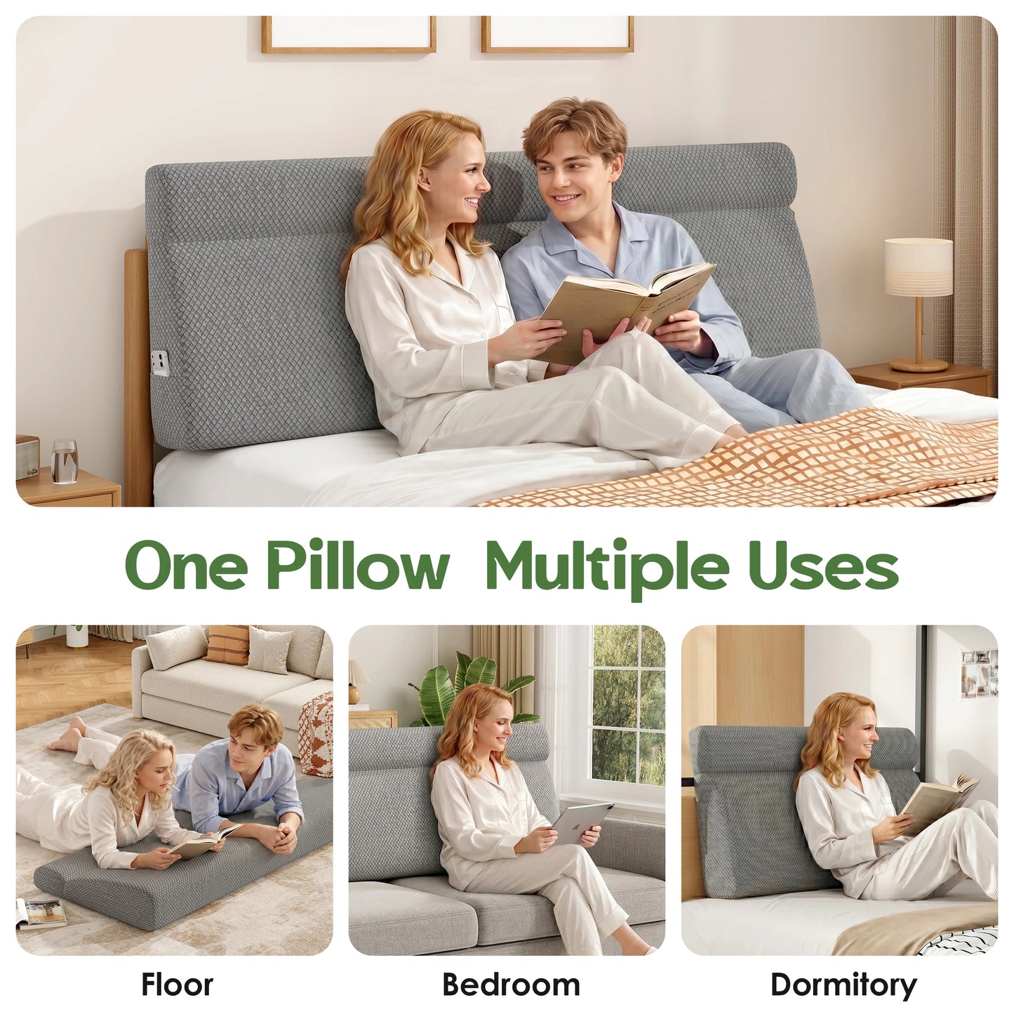 Headboard Pillow for Sitting in Bed with Neck Roll, Reading Pillow with Side Pocket, Back Support Cushion for Bed