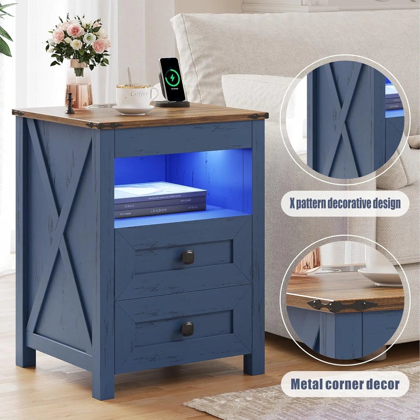 LED Nightstand with Gun Drawer: Bedside Table with Charging Station for Bedroom Furniture – Farmhouse Night Stand, Customized