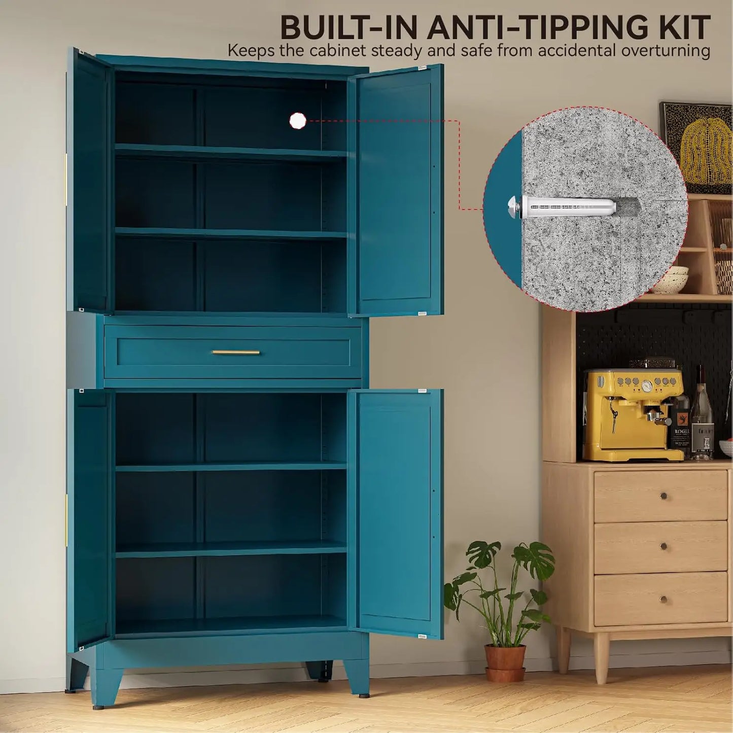 Pantry Cabinet With Drawer And Adjustable Shelves Storage