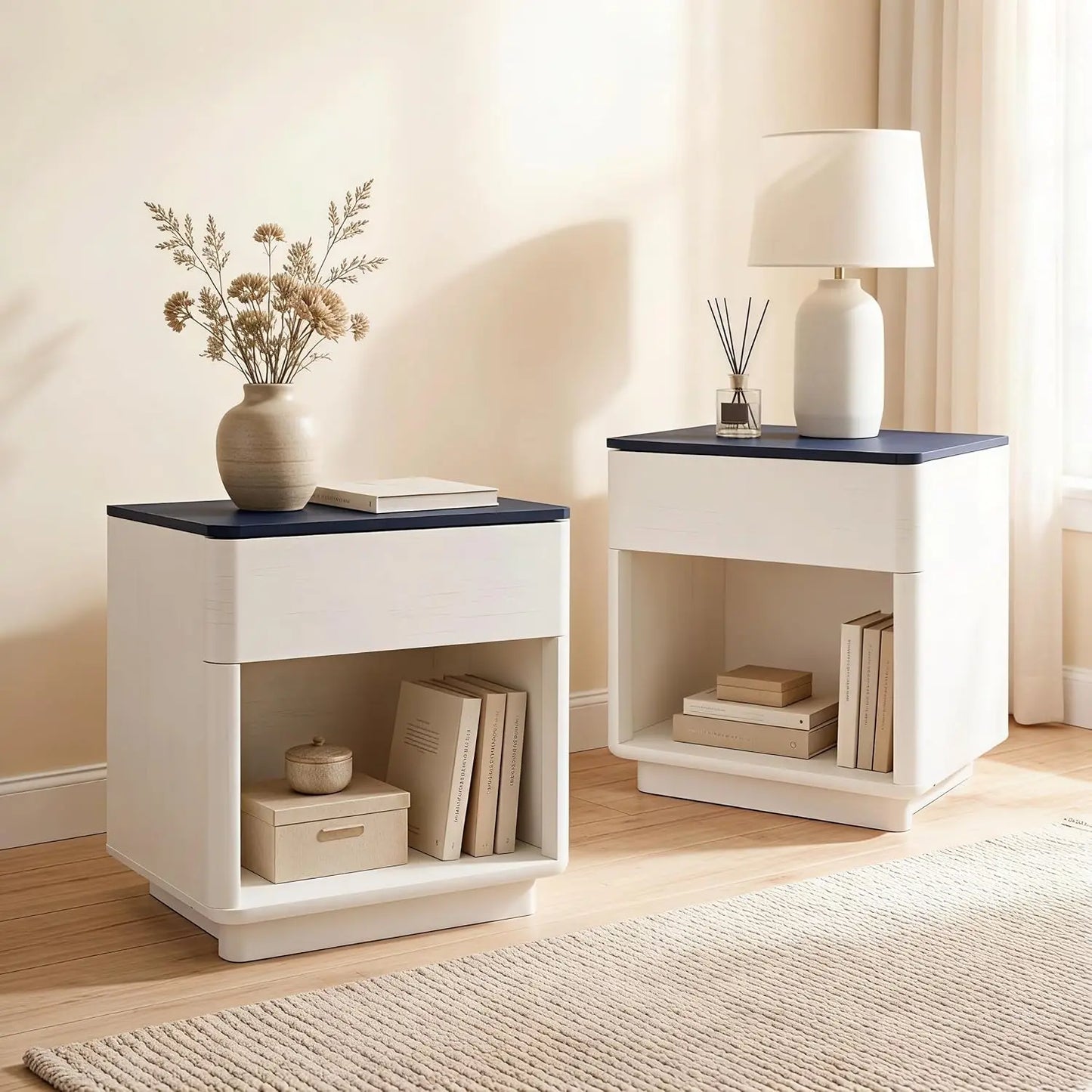 Modern Wood Nightstand Set of 2, 22" Wide Night Stand with Charging Station, Storage Drawer & Open Shelf, Large, Customized