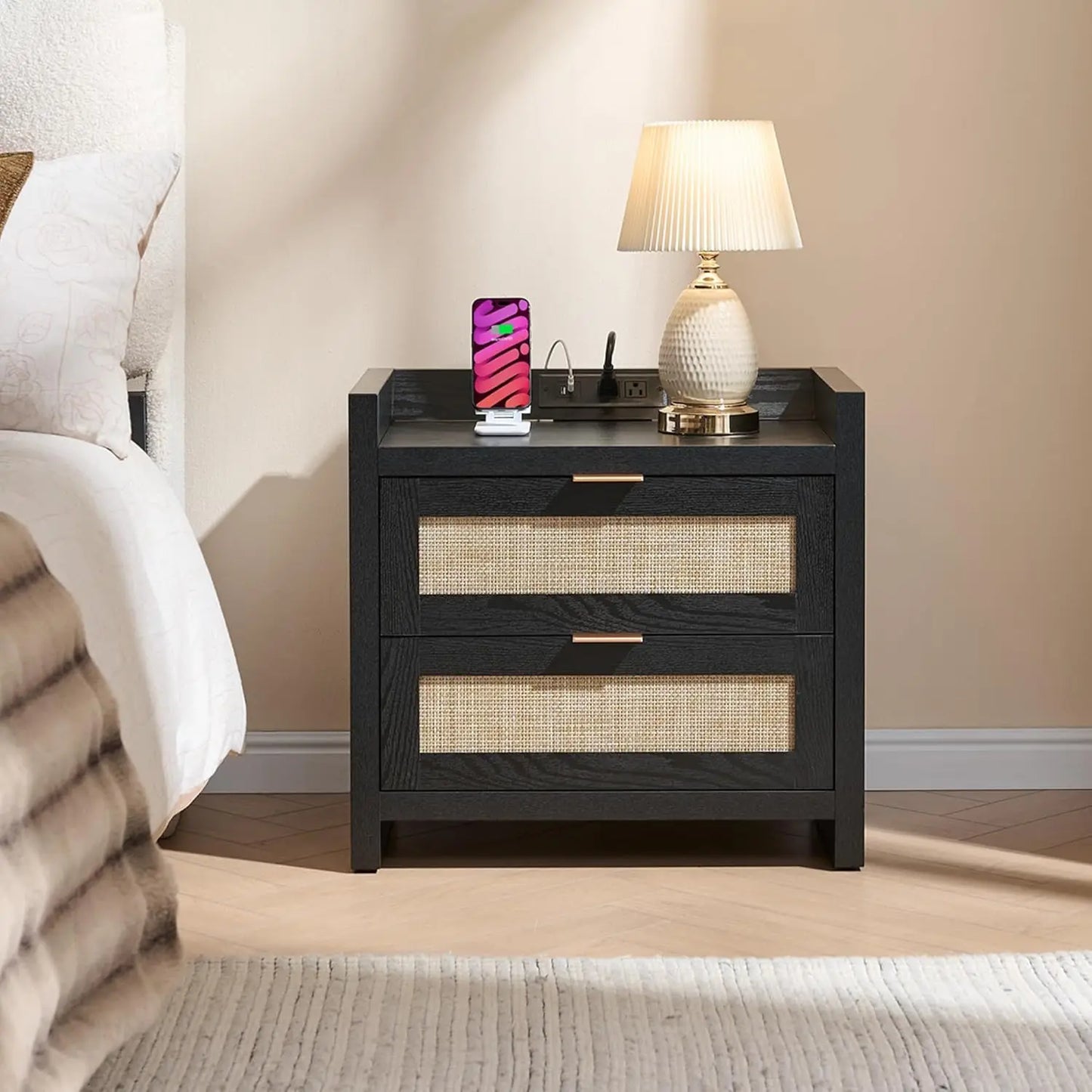 Rattan Nightstand End Table - Night Stand Bedside Table with Type-C Charging Station, 2 Drawers Storage - Boho, Customized