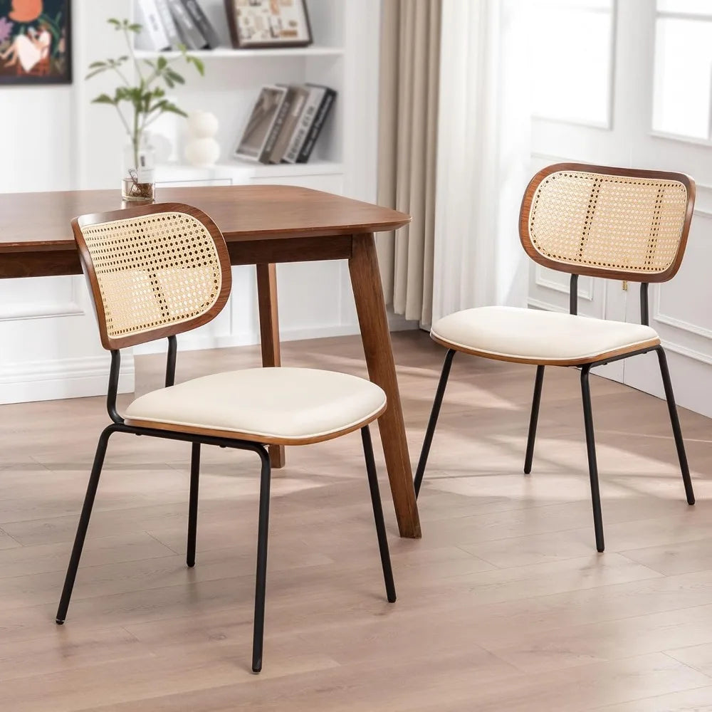 Rattan Dining Chairs Mid Century Modern Set Of 2 With Cane Back Faux Leather