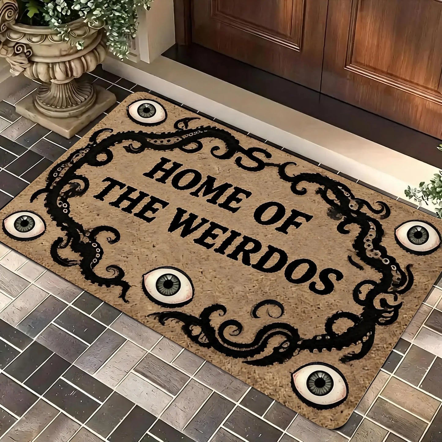 A Magical Doormat Featuring 'THE WITCH IS IN', Made of Plush Material with a Thickness of 0.4 Inches And Weighing 1.28 LB. It Has a Brown Base with a Black Star And Spell Design, for Halloween