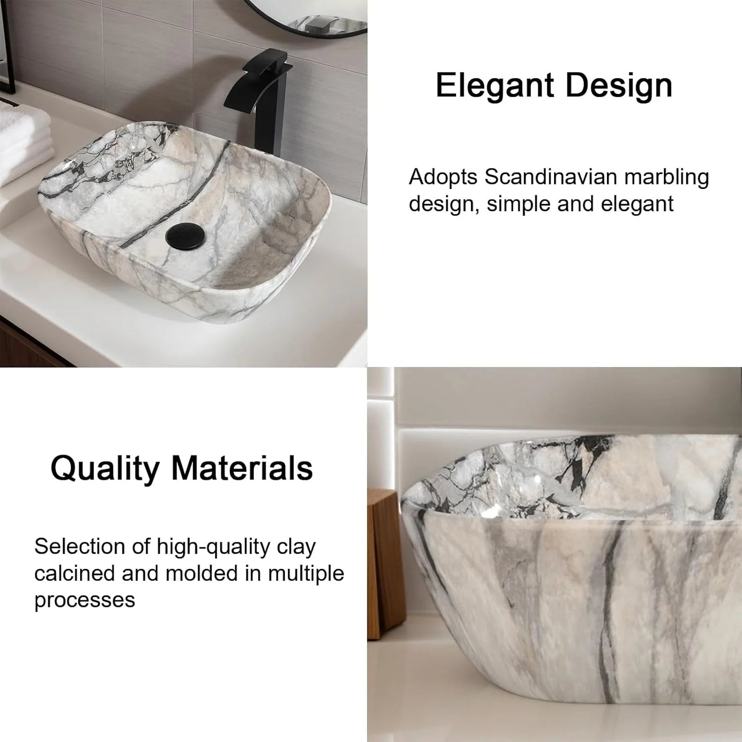 KEMAIDI Marble Pattern Ceramic Bathroom Vessel Sink Set, Multiple Shape Basin with Black Faucet Above-Counter Vanity Sink Kit