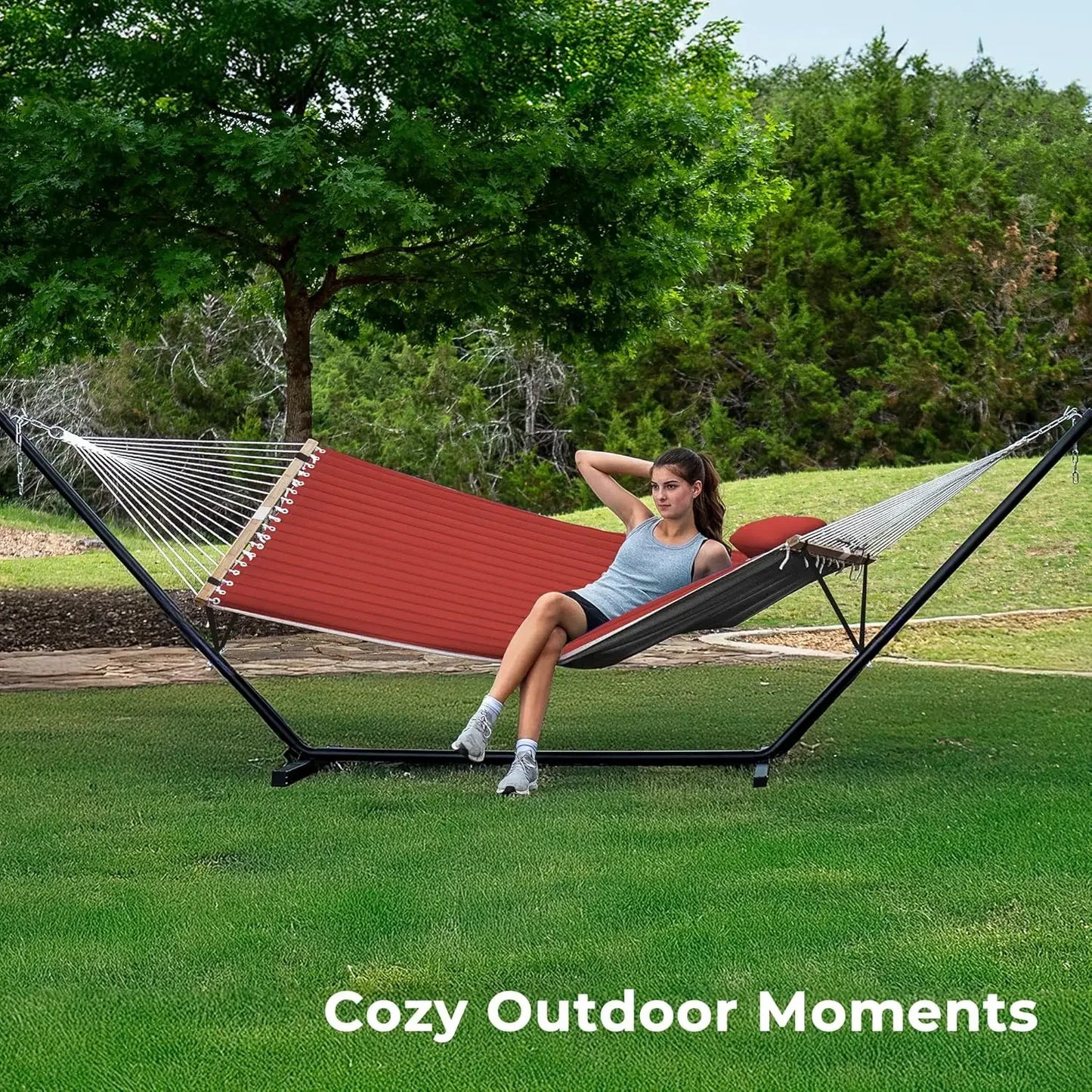 Hammock With Stand For Two People, Quilted Outdoor, Detachable Pillow