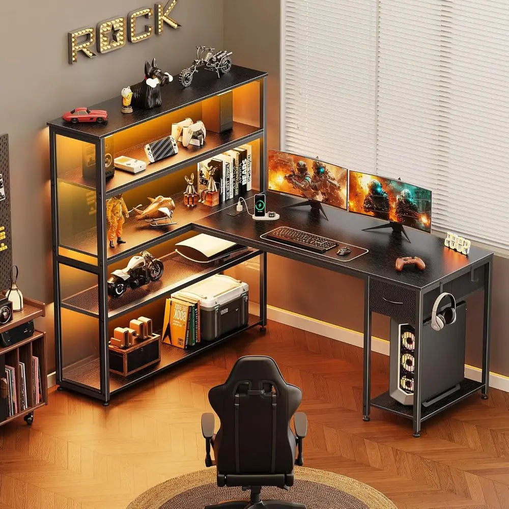 57 Inch L Shaped Gaming Computer Desk with Larger Open Cabinet, Reverisble Oice Desk with Power Outlets, LED Lights, Work Desk,