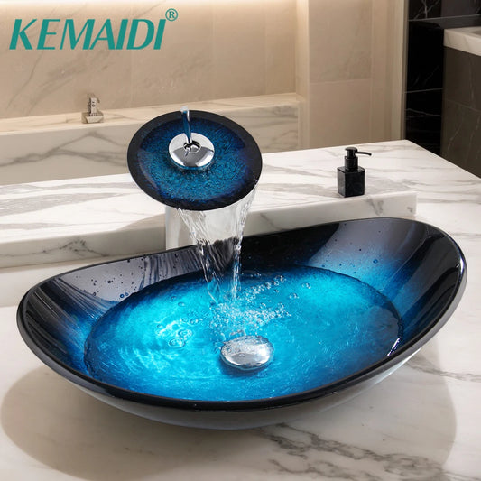 YANKSMART Oval Bathroom Vessel Sink With Waterfall Faucet