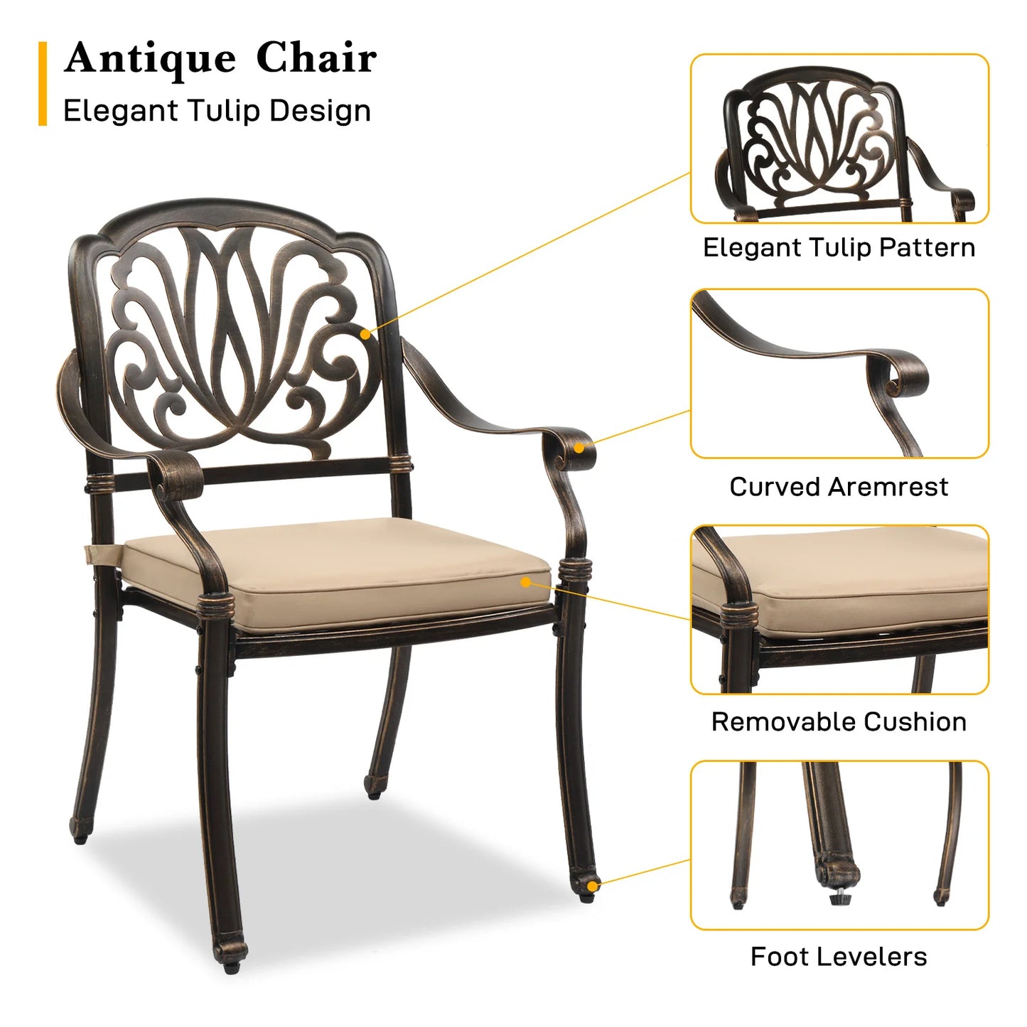Cast Aluminum Patio Dining Chairs With Cushions, Stackable Outdoor Bistro