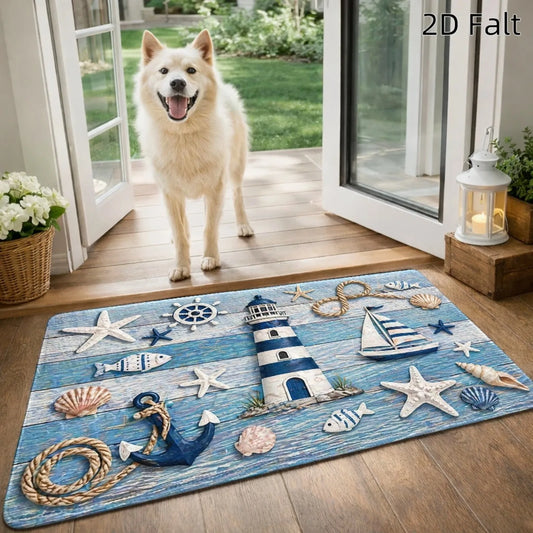 1pc Flat Printing Flannel Material Door Mat, Ocean Style Lighthouse Anchor Starfish Floor Mat, Durable and, Machine Washable, Universal Entrance Doormat Kitchen Foot Mat, for Living Room Bedroom Office Bathroom Balcony Hallwa