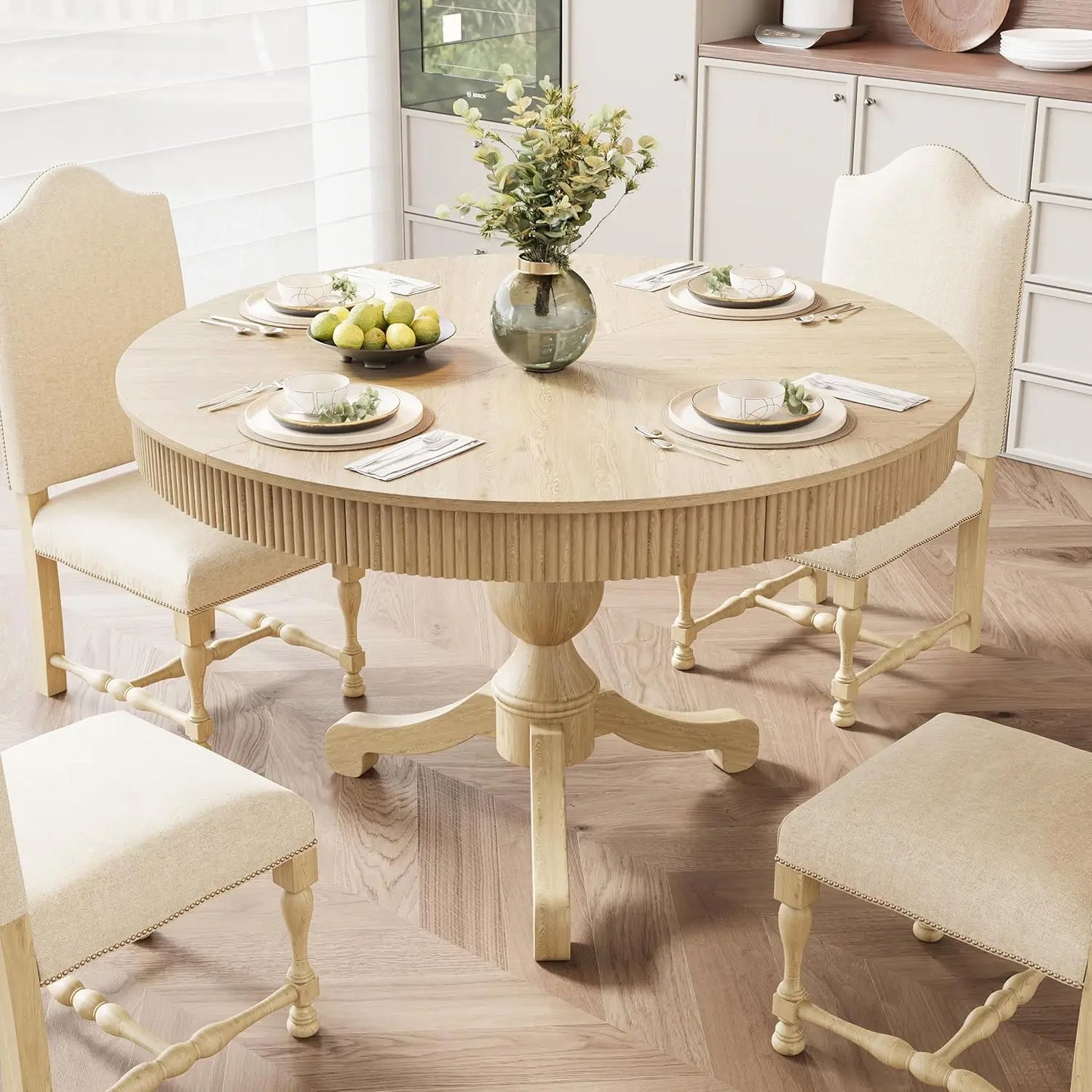 Round Dining Table for 4-6 Diners with Drawers Modern Farmhouse