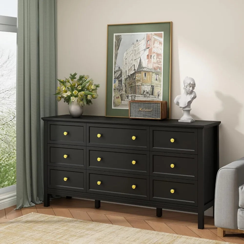 Black Dresser for Bedroom, 9 Drawer Dresser with Wide Drawers and Gold Metal Handles, 59" White and Gold Dressers TV Stand,