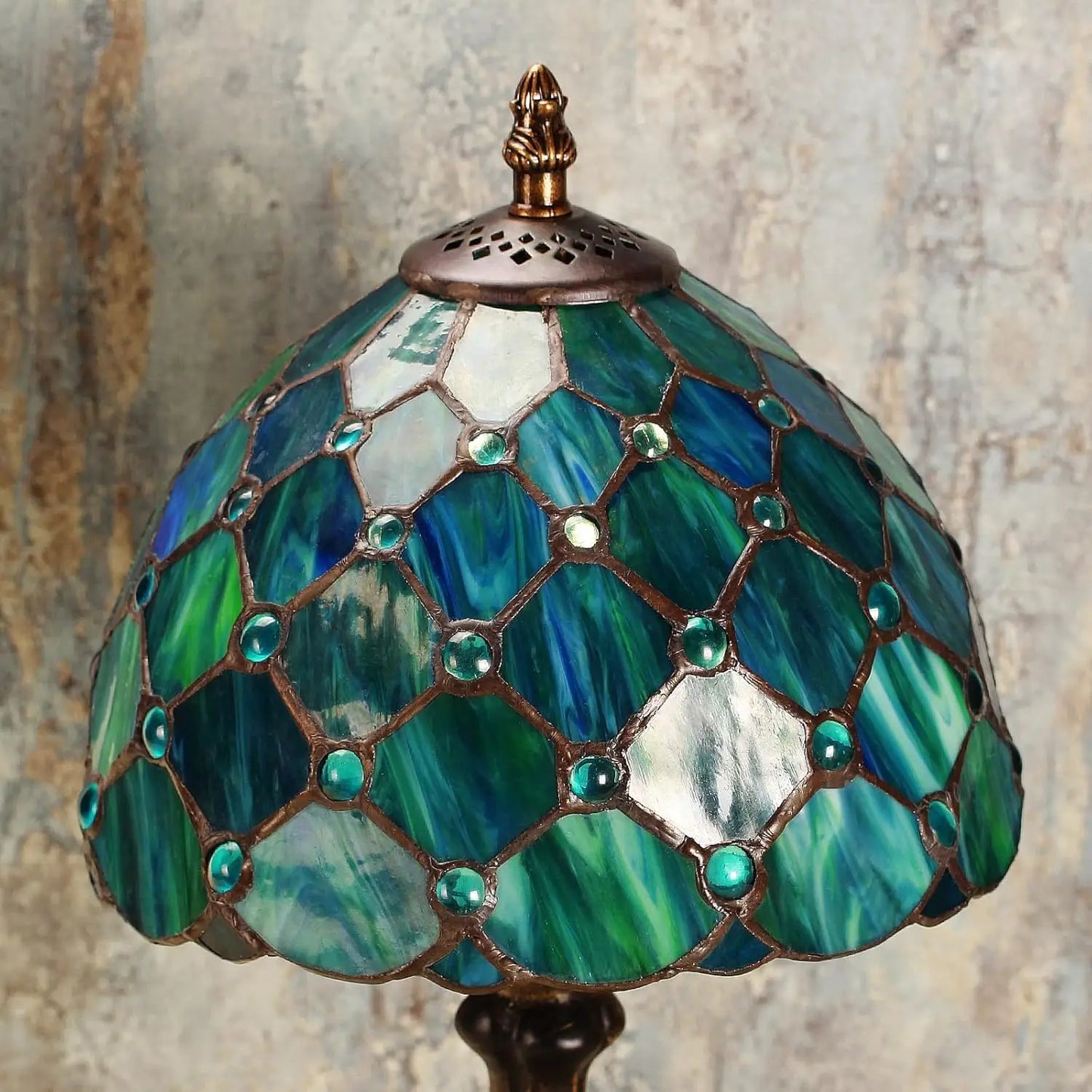 Handmade Stained Glass Table Lamp, Crystal Bead Style, Antique Art Craft for Living Room Bedroom (Green Pearl)