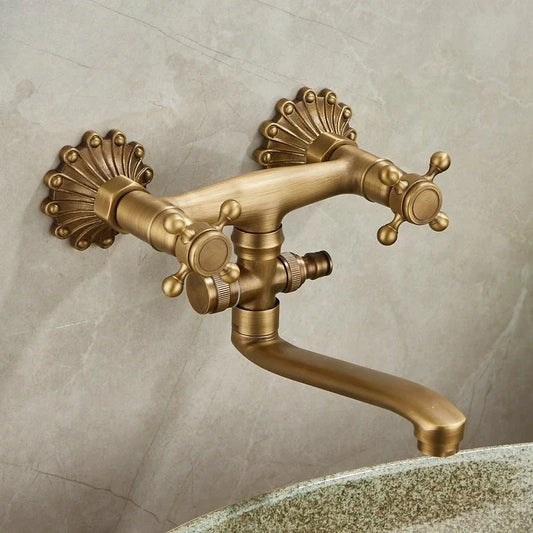 Brass Antique Wall Mounted Washbasin Faucets Double Handle Double Hole Rotatable Wall Mounted Retro Hot and Cold Faucet