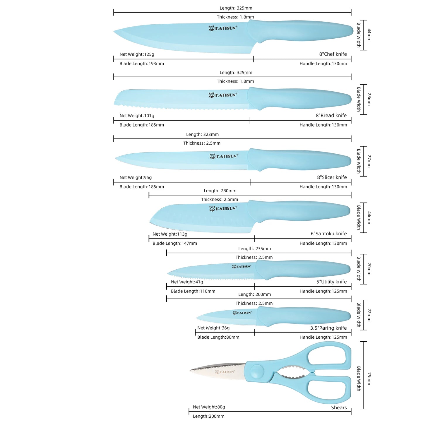 KA Titanium Coated Carbon Steel Kitchen Knife Set With Covers