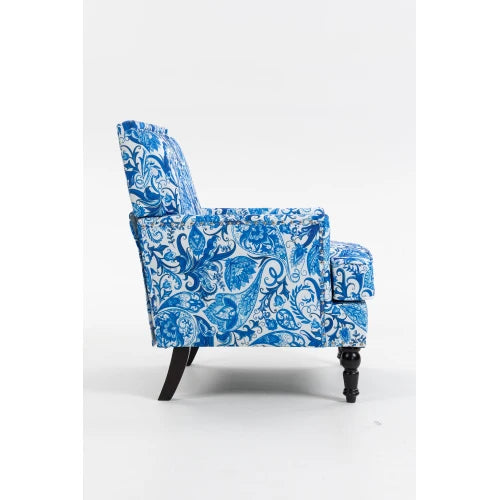 Upholstered Accent Chair, Vintage Armchair with Blue and white porcelain print Linen Fabric and Nailhead Trim for Living Room