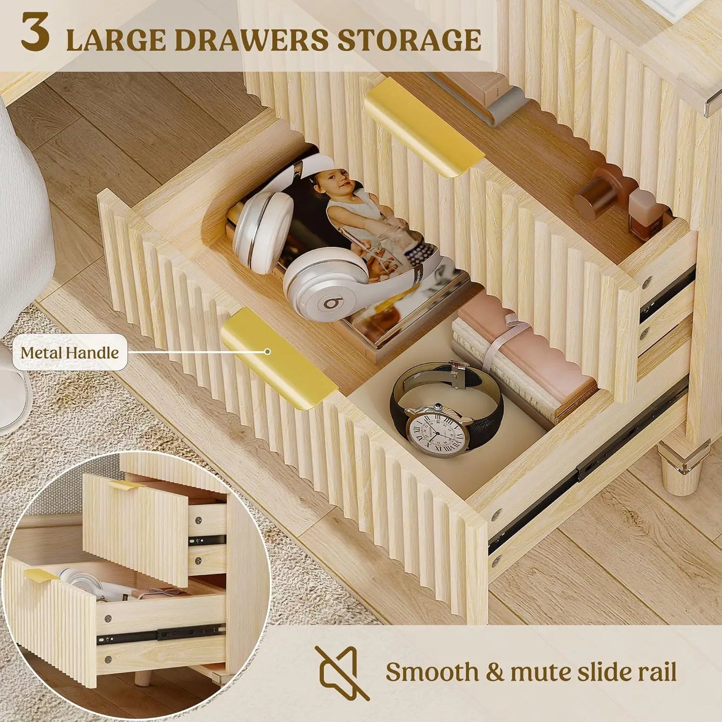 Wood 3 Drawer Dresser Nightstand With Charging Station
