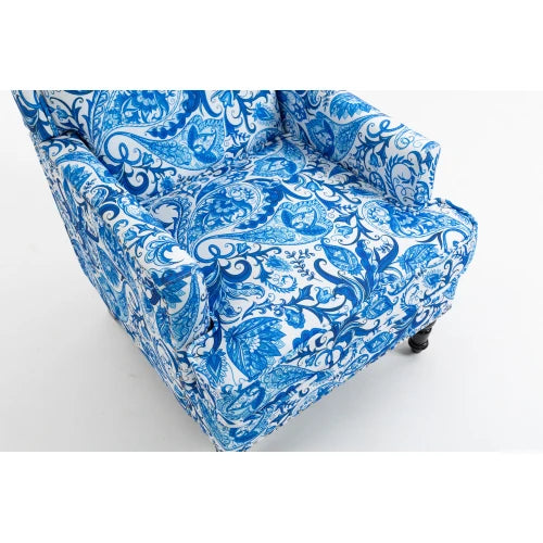 Upholstered Accent Chair, Vintage Armchair with Blue and white porcelain print Linen Fabric and Nailhead Trim for Living Room