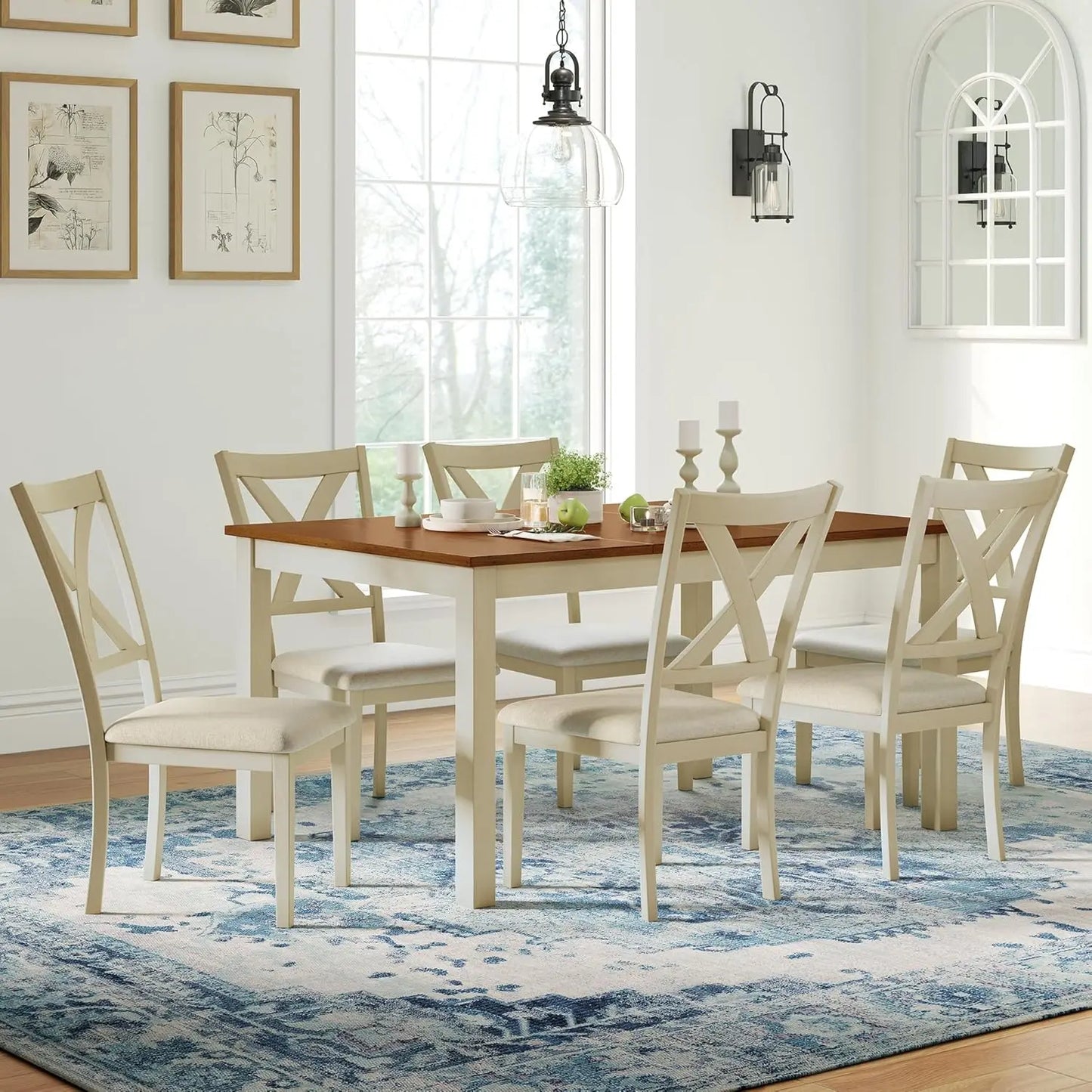 7-Piece Farmhouse Solid Wood Dining Set With Upholstered Chairs
