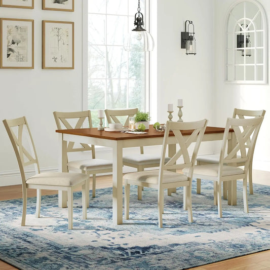 7-Piece Farmhouse Solid Wood Dining Set With Upholstered Chairs