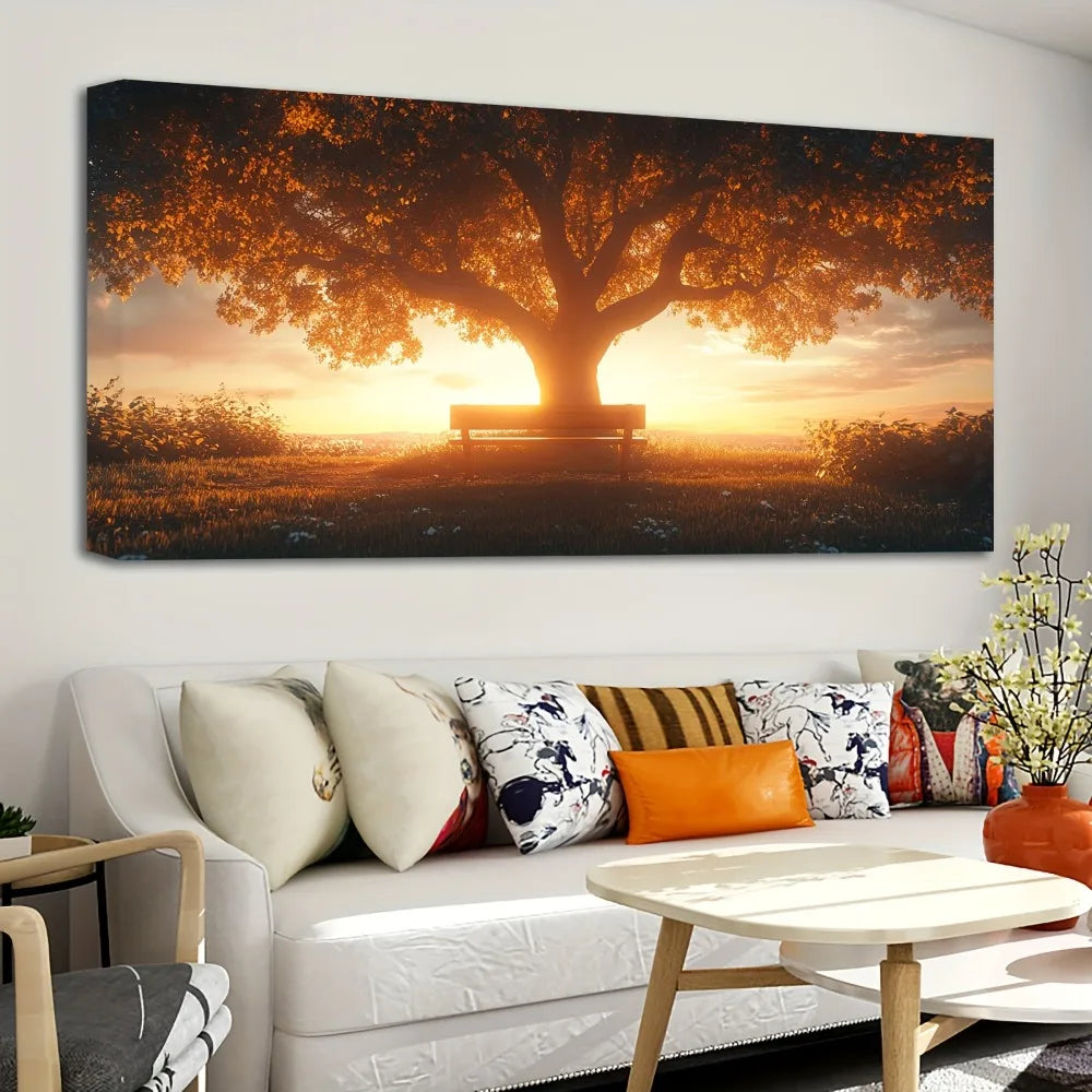 Sunset Tree Golden Sunset Forest Wall Art in Pine Frame