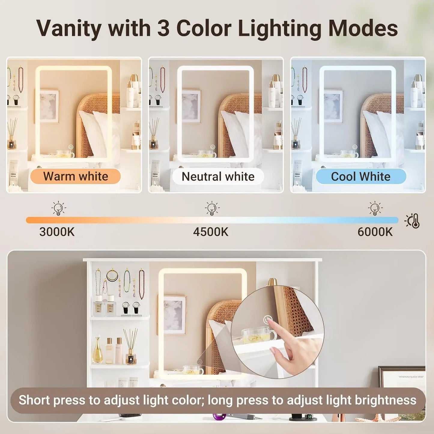 Makeup Vanity Table With Lighted Mirror And Power Outlet