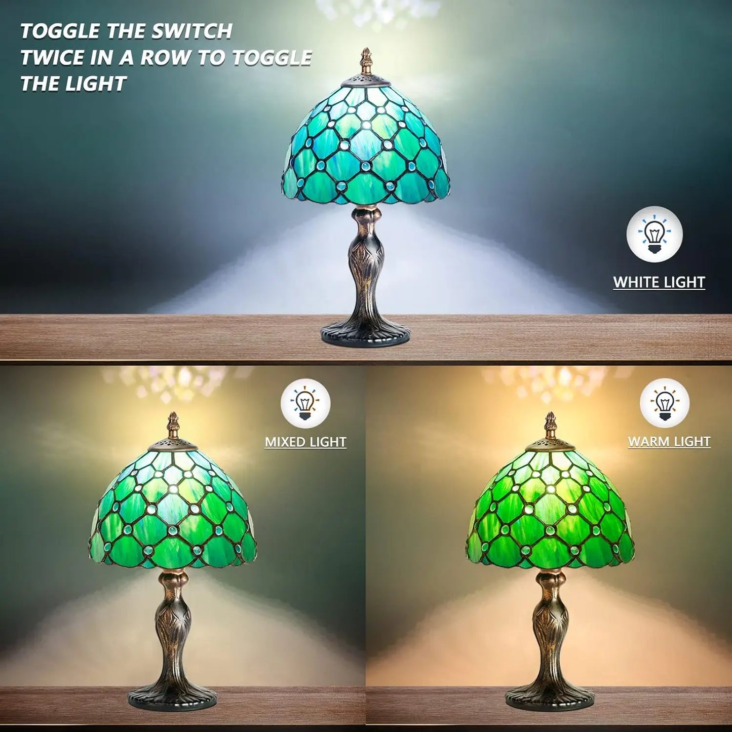 Handmade Stained Glass Table Lamp, Crystal Bead Style, Antique Art Craft for Living Room Bedroom (Green Pearl)