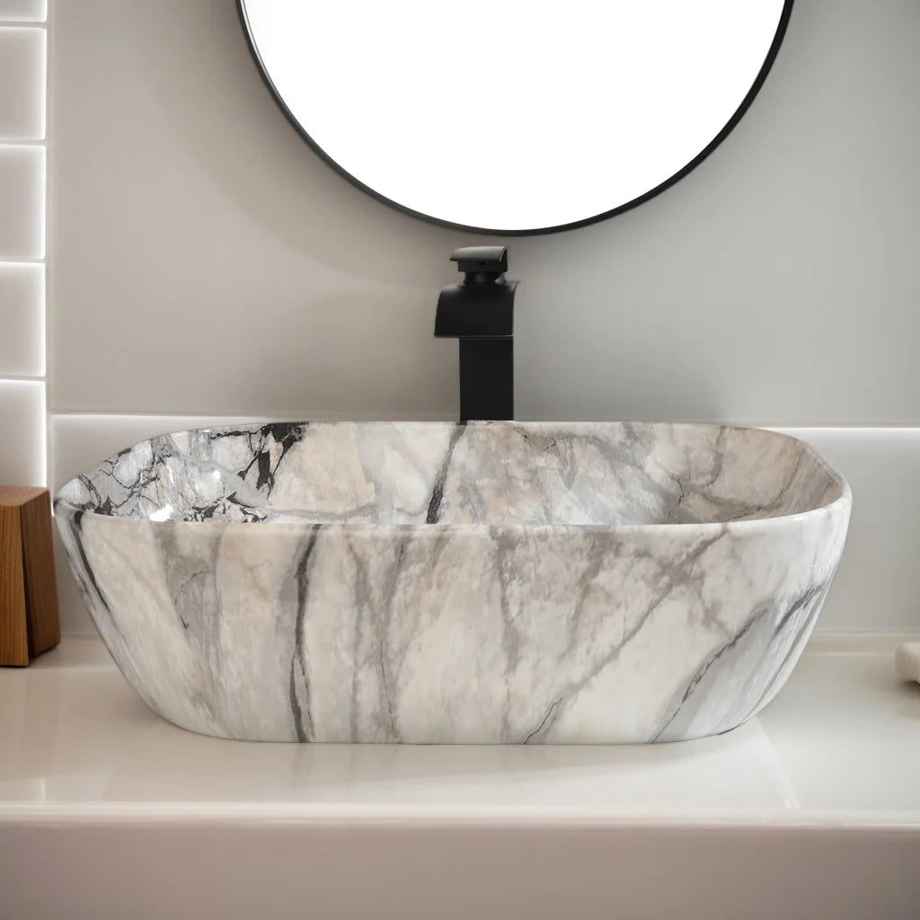 KEMAIDI Marble Pattern Ceramic Bathroom Vessel Sink Set, Multiple Shape Basin with Black Faucet Above-Counter Vanity Sink Kit