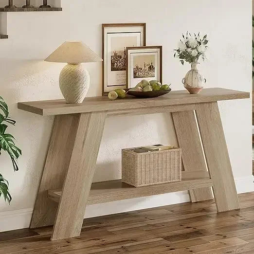 Farmhouse Console Table For Entryway With Two-Tier Wood Shelf