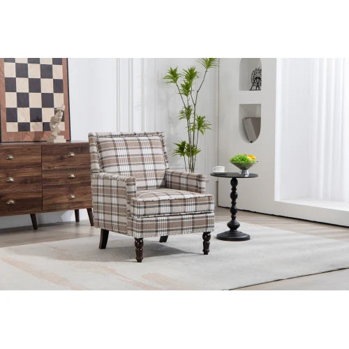 Upholstered Accent Chair, Vintage Armchair with Blue and white porcelain print Linen Fabric and Nailhead Trim for Living Room