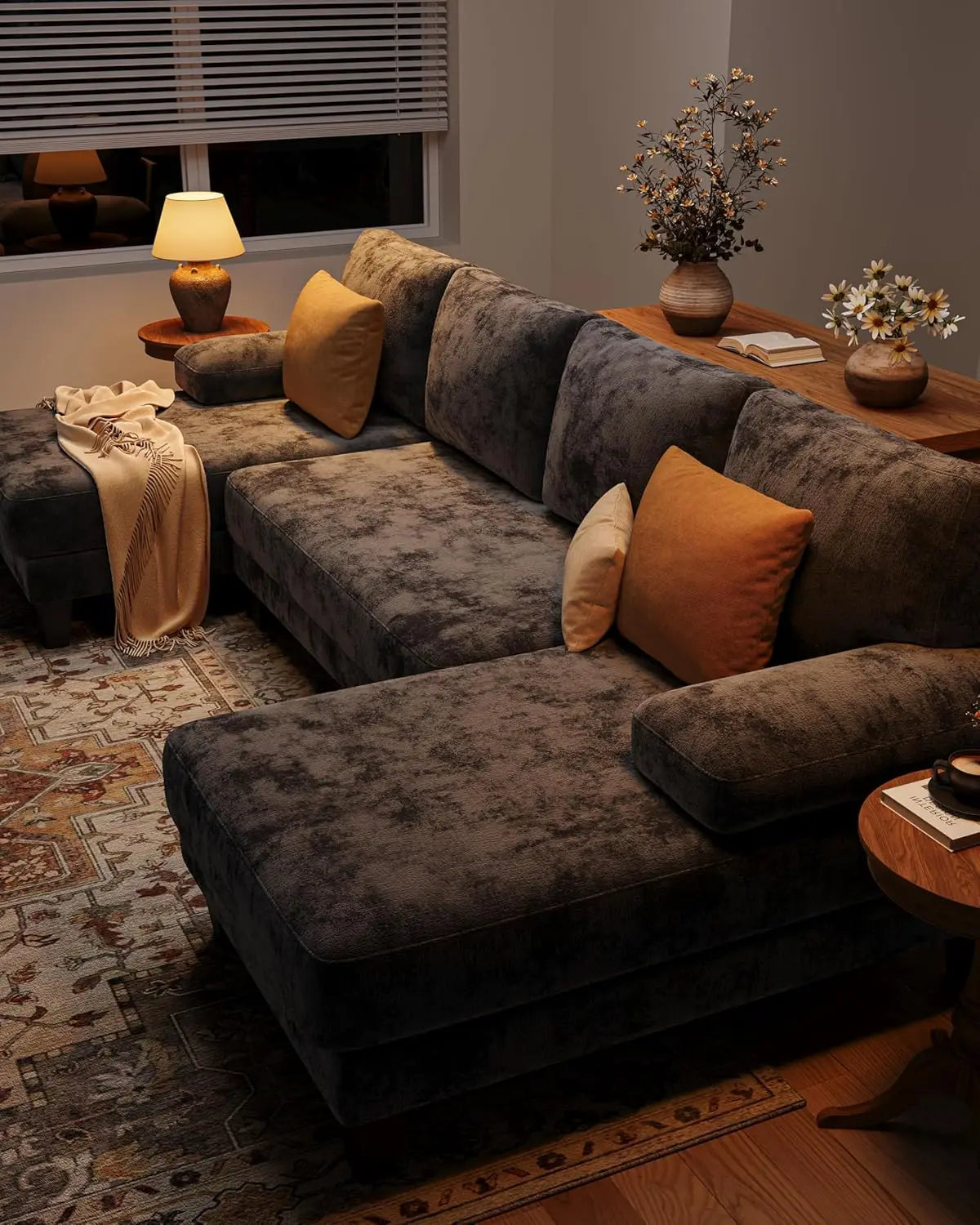 U Shaped Chenille Sectional Sofa With Double Chaise