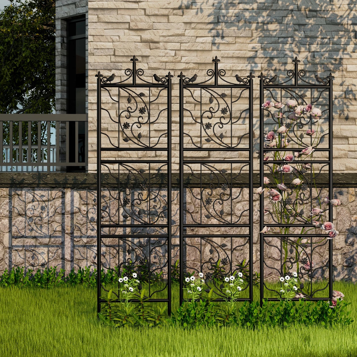 Thick Metal Garden Trellis Bird Leaf Grid Panel 2 Pack