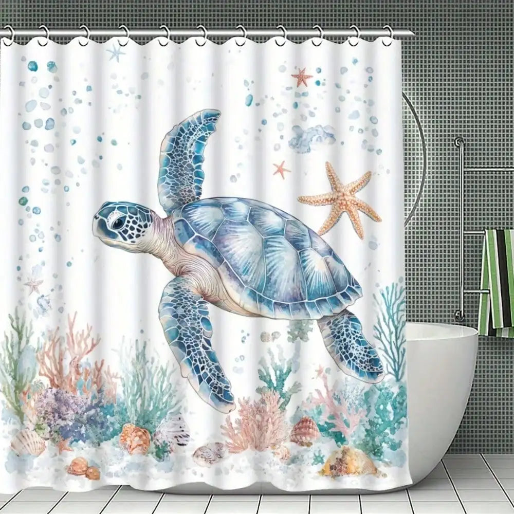1/3/4PCS turtle-patterned shower curtain set, marine life theme, includes a U-shaped toilet seat cover and 12 hooks, bathroom decoration.