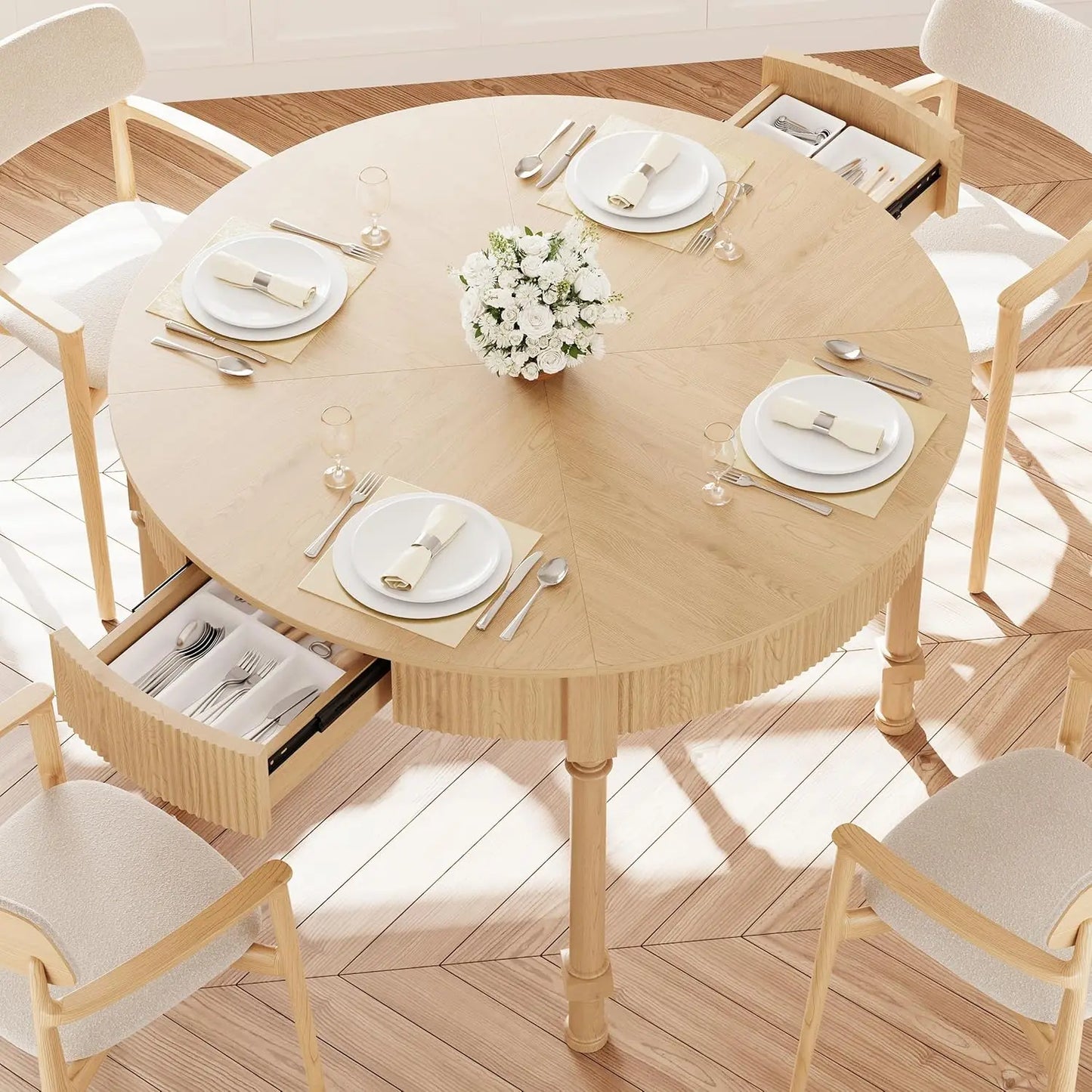 Round Dining Table for 4-6 Diners with Drawers Modern Farmhouse