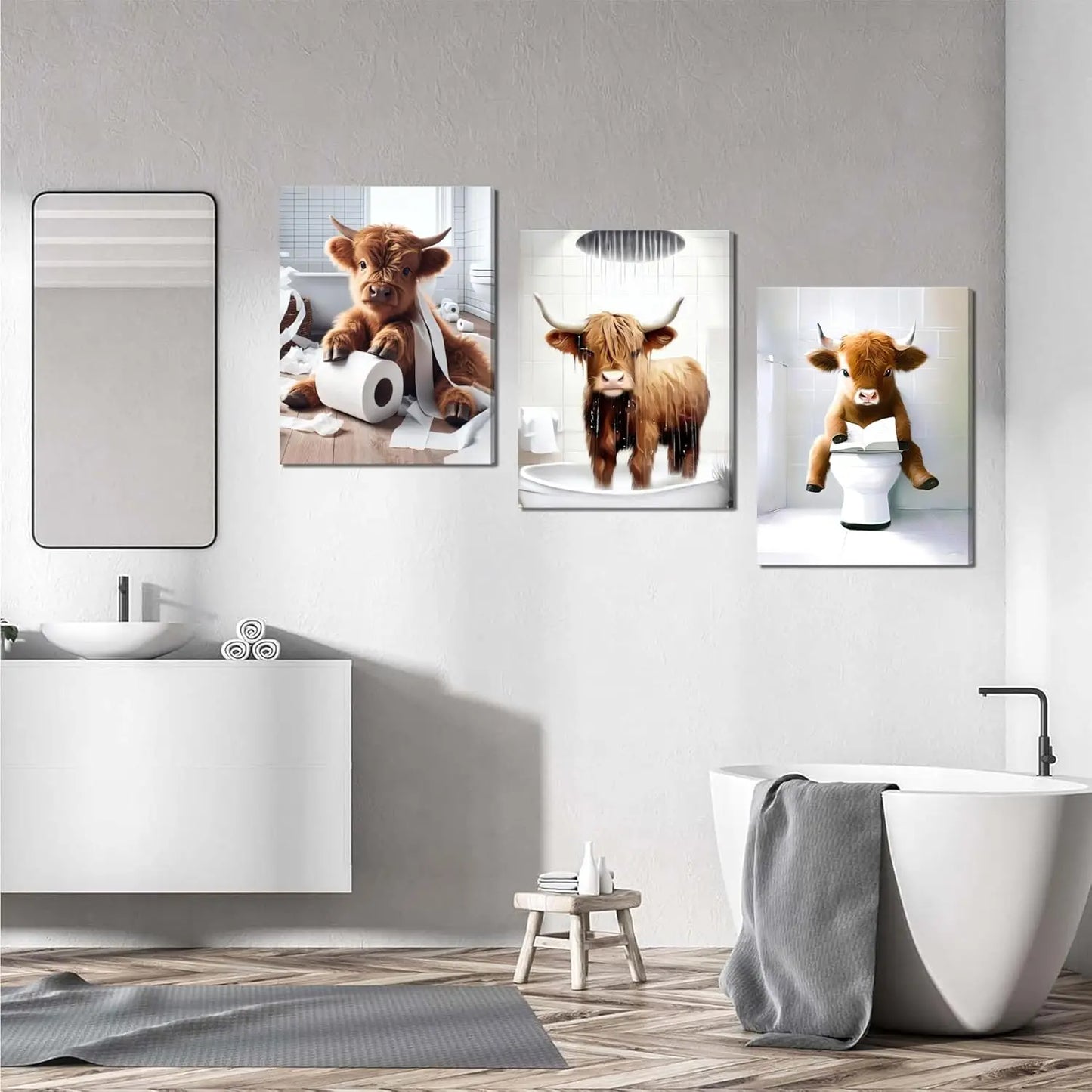 Funny Highland Cow Wall Art Set of Three Canvas Prints