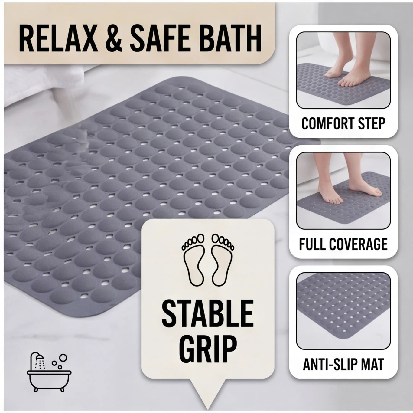 1-Pack 14in*27in Non-Slip Shower Mat, Features a wavy pattern with silky-smooth texture for a comfortable, non-irritating touch,Bathtub Mat with Drain Holes & Suction Cups, Foot Massage Shower Rug, Bathroom Essentials for Hom