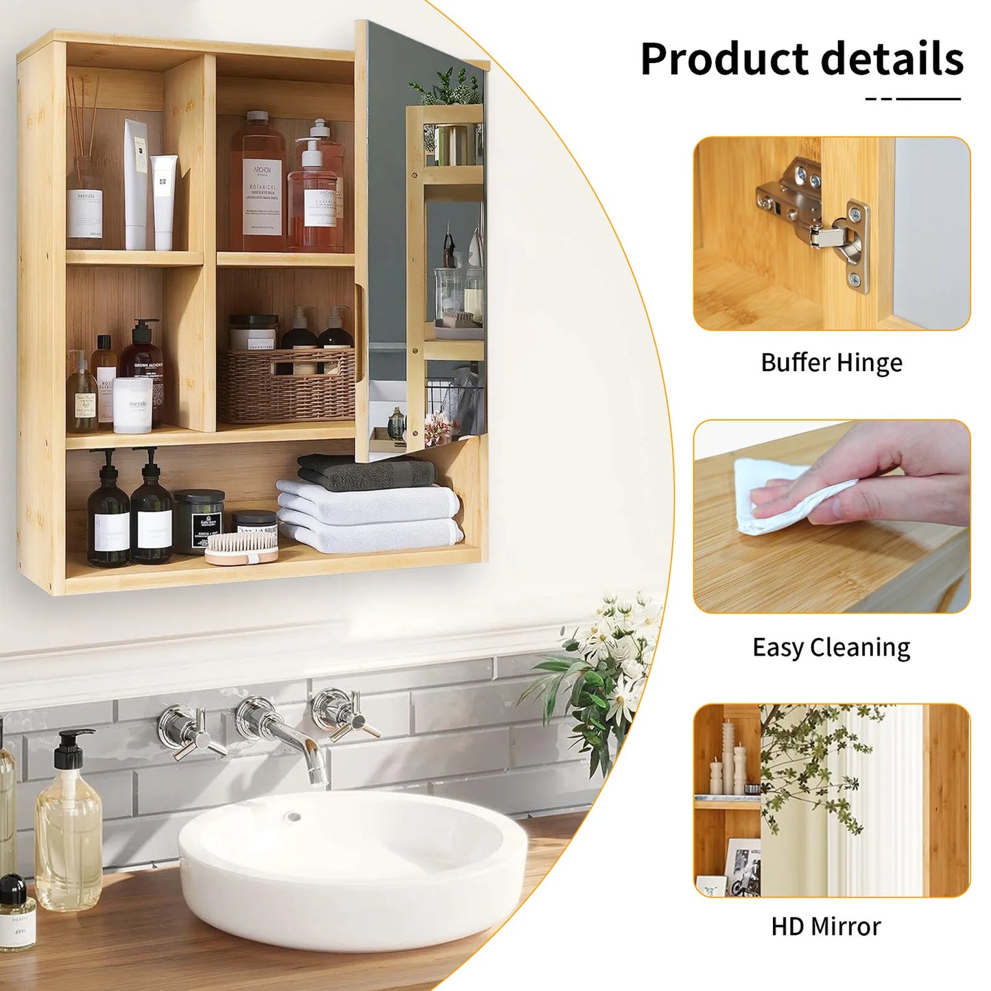 Wall Bathroom Cabinet with Mirror Door Bamboo Medicine Cabinet Storage Organizer