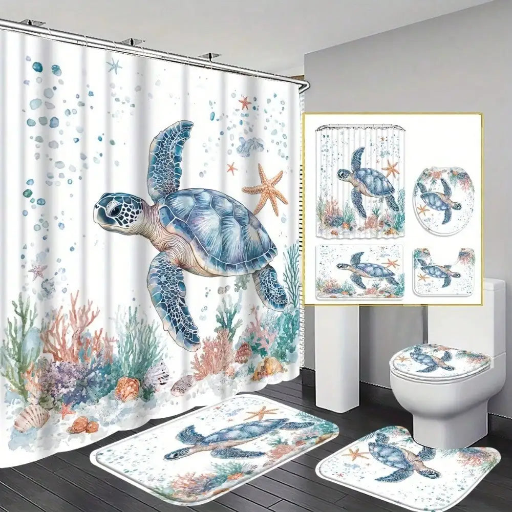 1/3/4PCS turtle-patterned shower curtain set, marine life theme, includes a U-shaped toilet seat cover and 12 hooks, bathroom decoration.