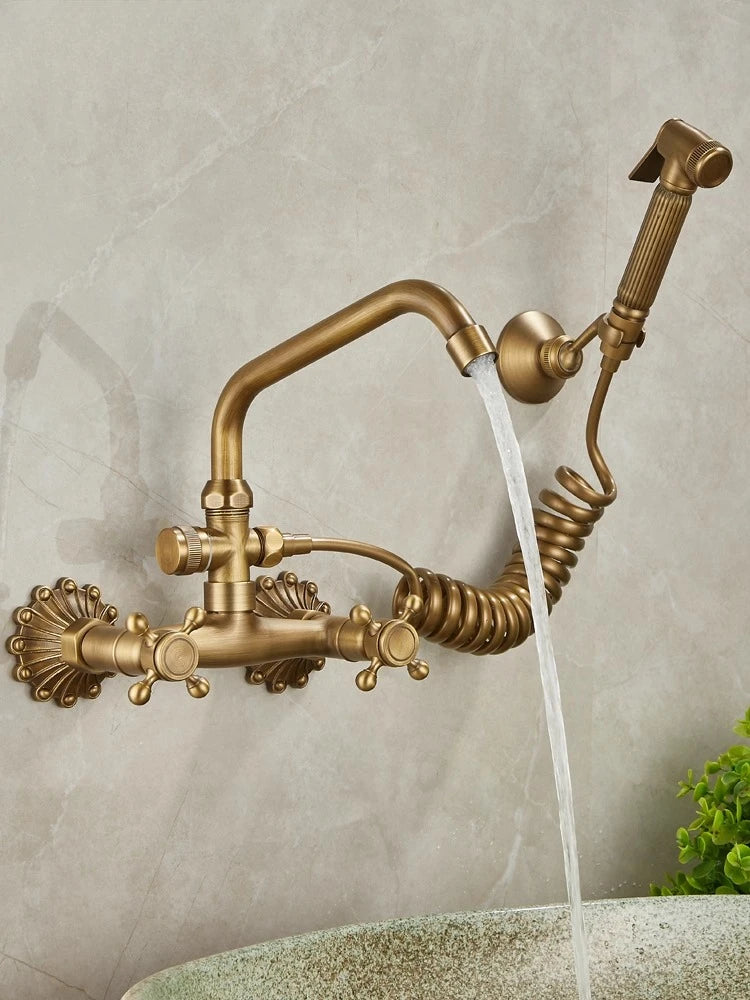 Brass Antique Wall Mounted Washbasin Faucets Double Handle Double Hole Rotatable Wall Mounted Retro Hot and Cold Faucet
