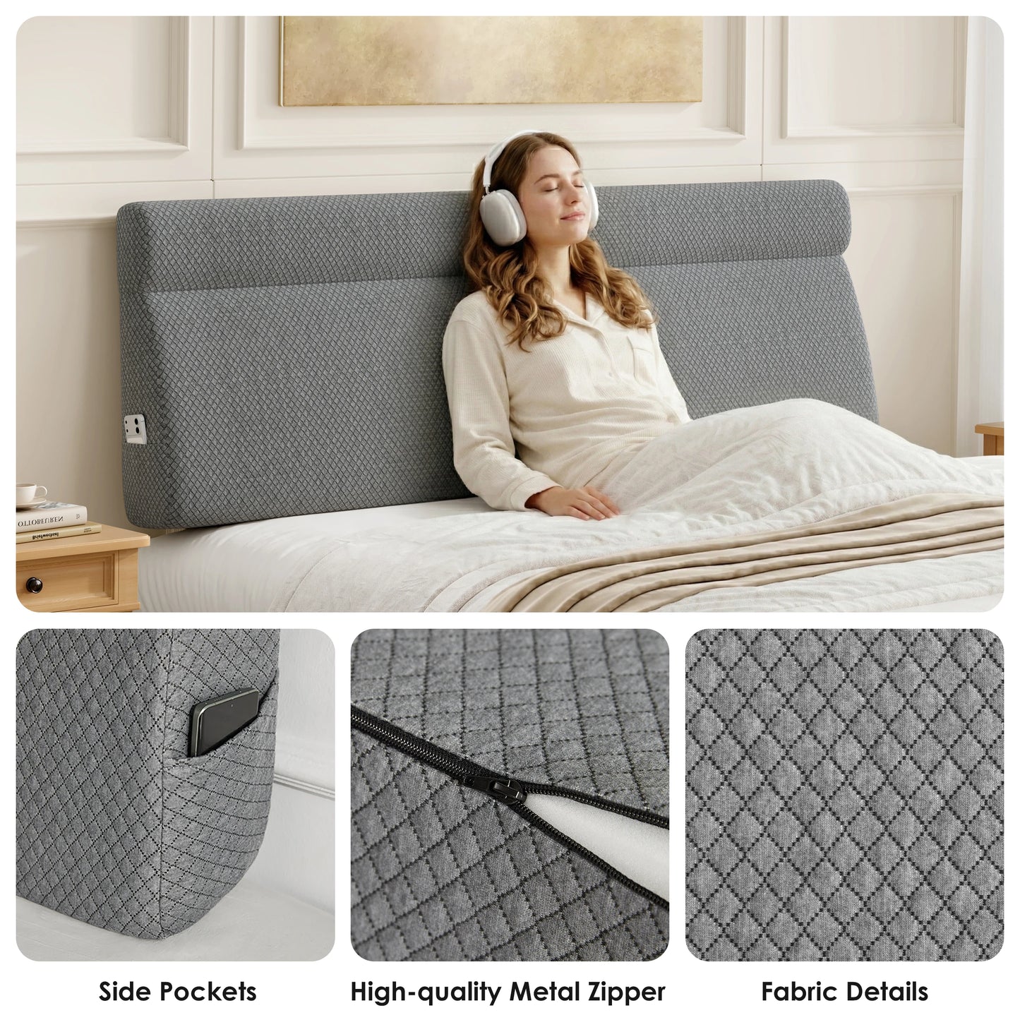 Headboard Pillow for Sitting in Bed with Neck Roll, Reading Pillow with Side Pocket, Back Support Cushion for Bed