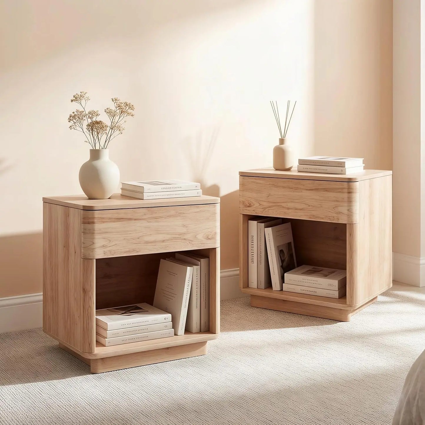 Modern Wood Nightstand Set of 2, 22" Wide Night Stand with Charging Station, Storage Drawer & Open Shelf, Large, Customized