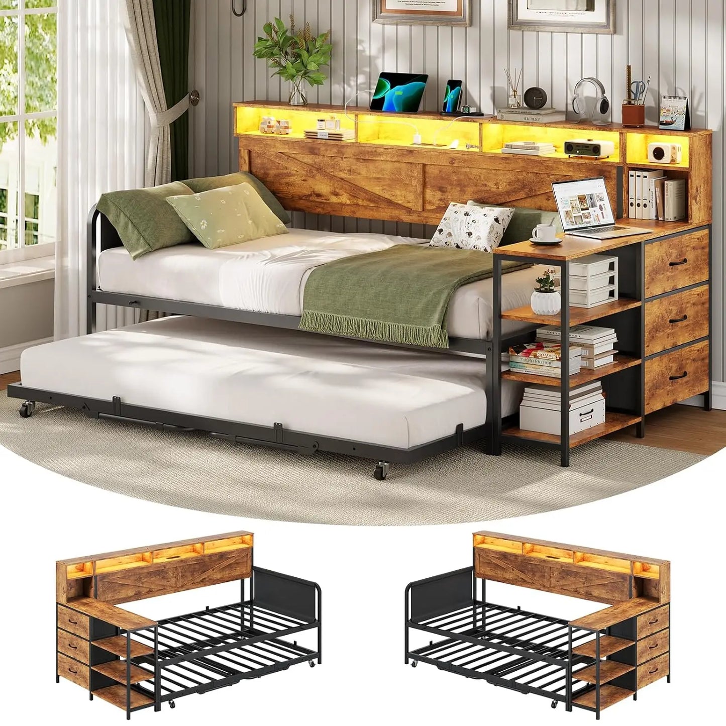 Folded Twin Daybed With Pop Up Trundle And Storage Drawers