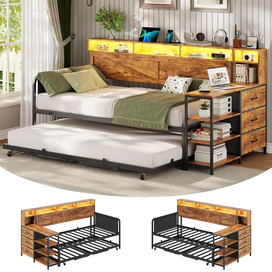 Folded Twin Daybed With Pop Up Trundle And Storage Drawers