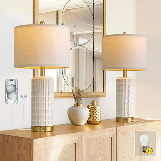 Modern Ceramic Touch Table Lamp with USB A+C Ports, Dimmable Nightstand Light for Bedroom Living Room Office